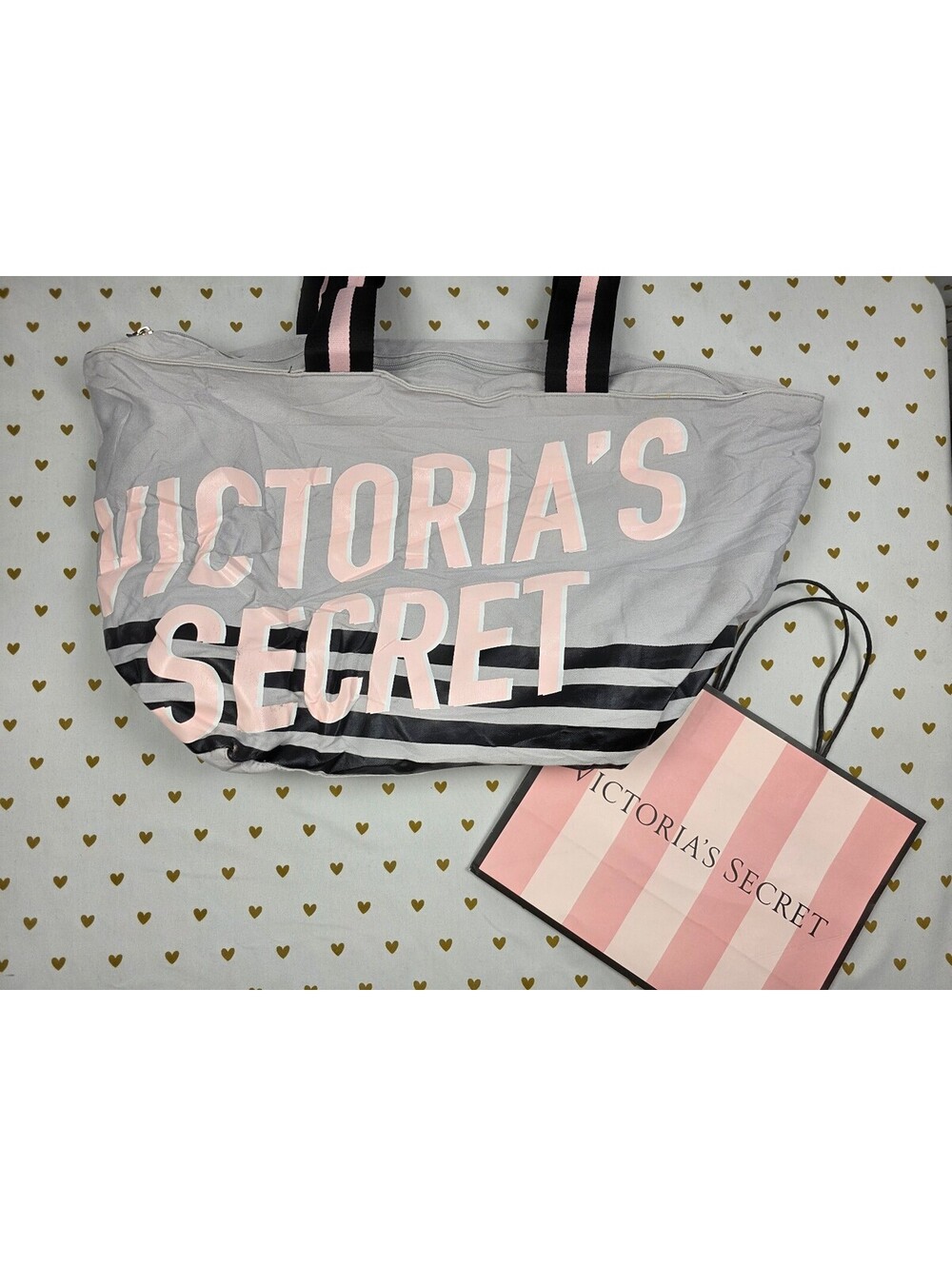 Victoria's Secret Weekender Tote Bag Overnight Travel Gray Pink Black